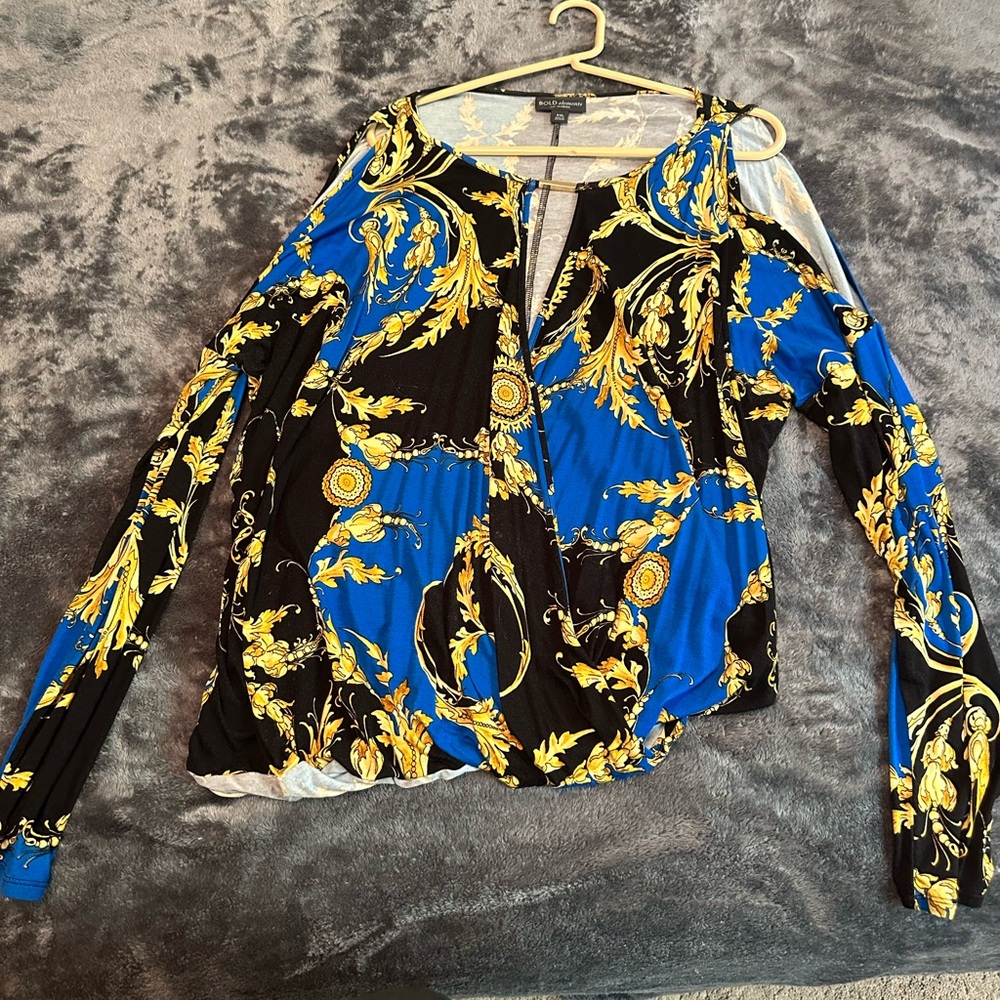 BOLD elements Black and Blue Blouse with Gold Accents